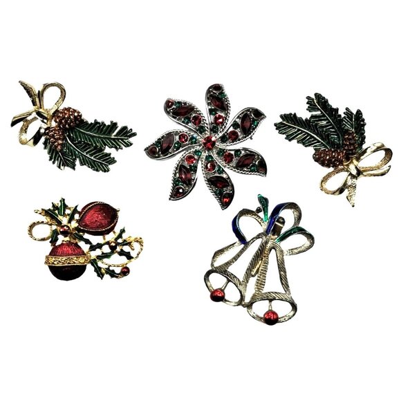 Vintage Christmas Holiday Brooch Pin Set Of 5 With Festive Designs En Rhinestone - Picture 1 of 10